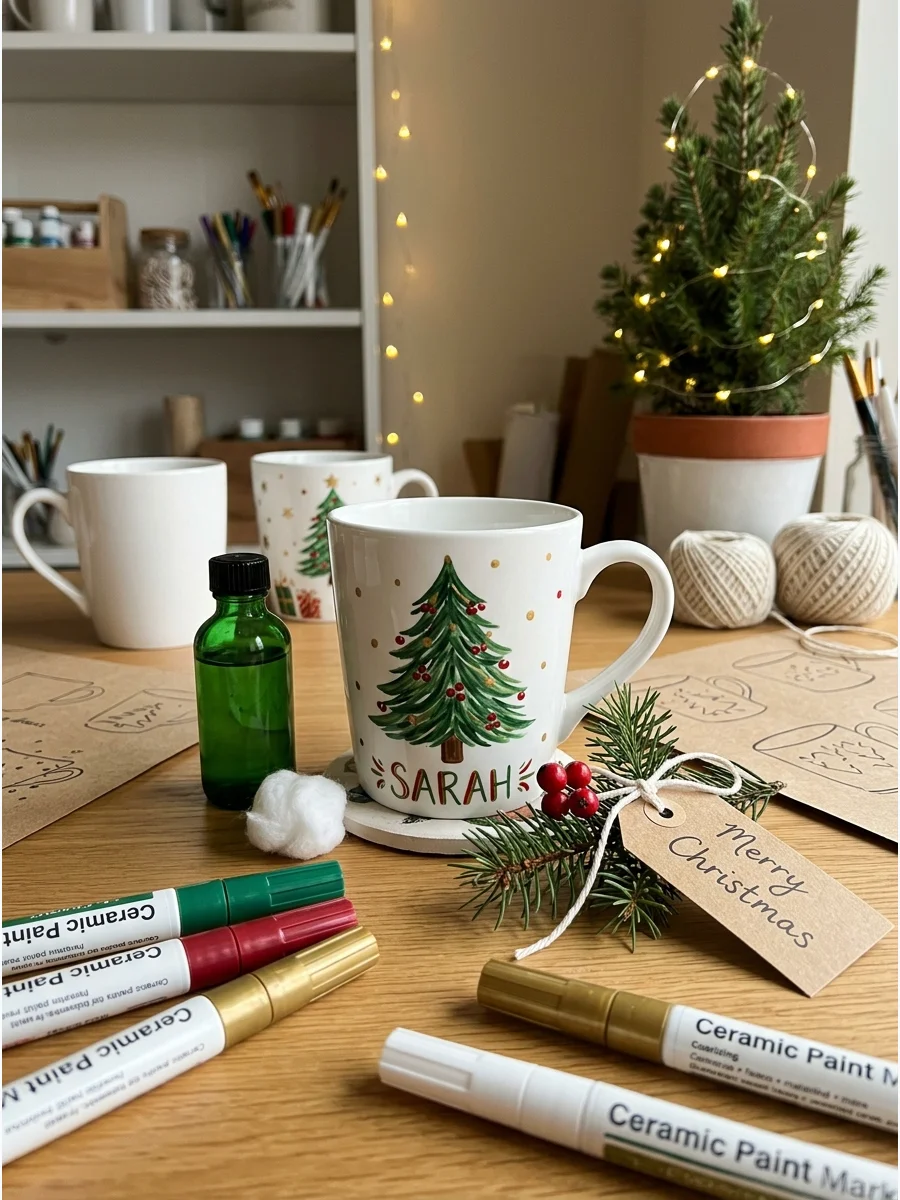 A hand-painted white ceramic mug.