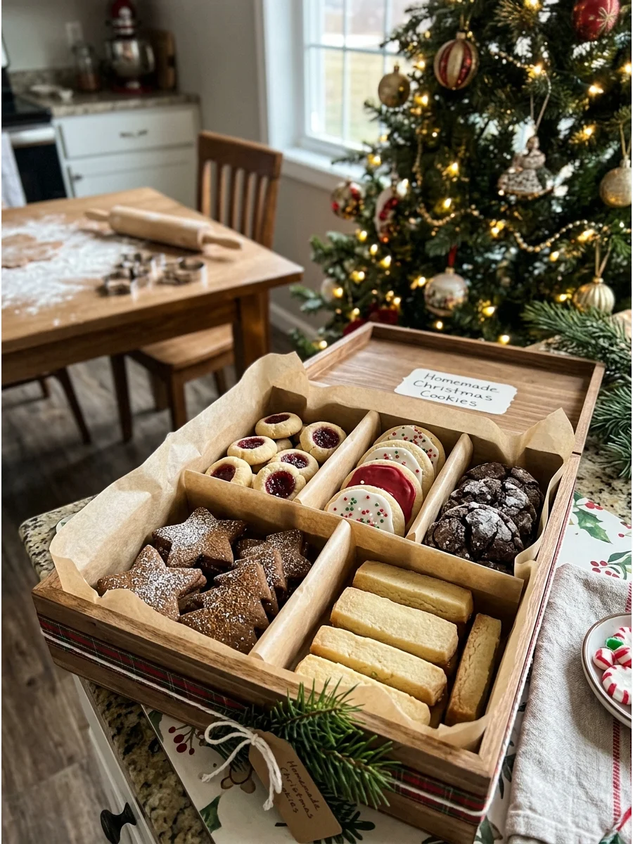 Assorted homemade Christmas cookies arranged in a divided wooden gift box.