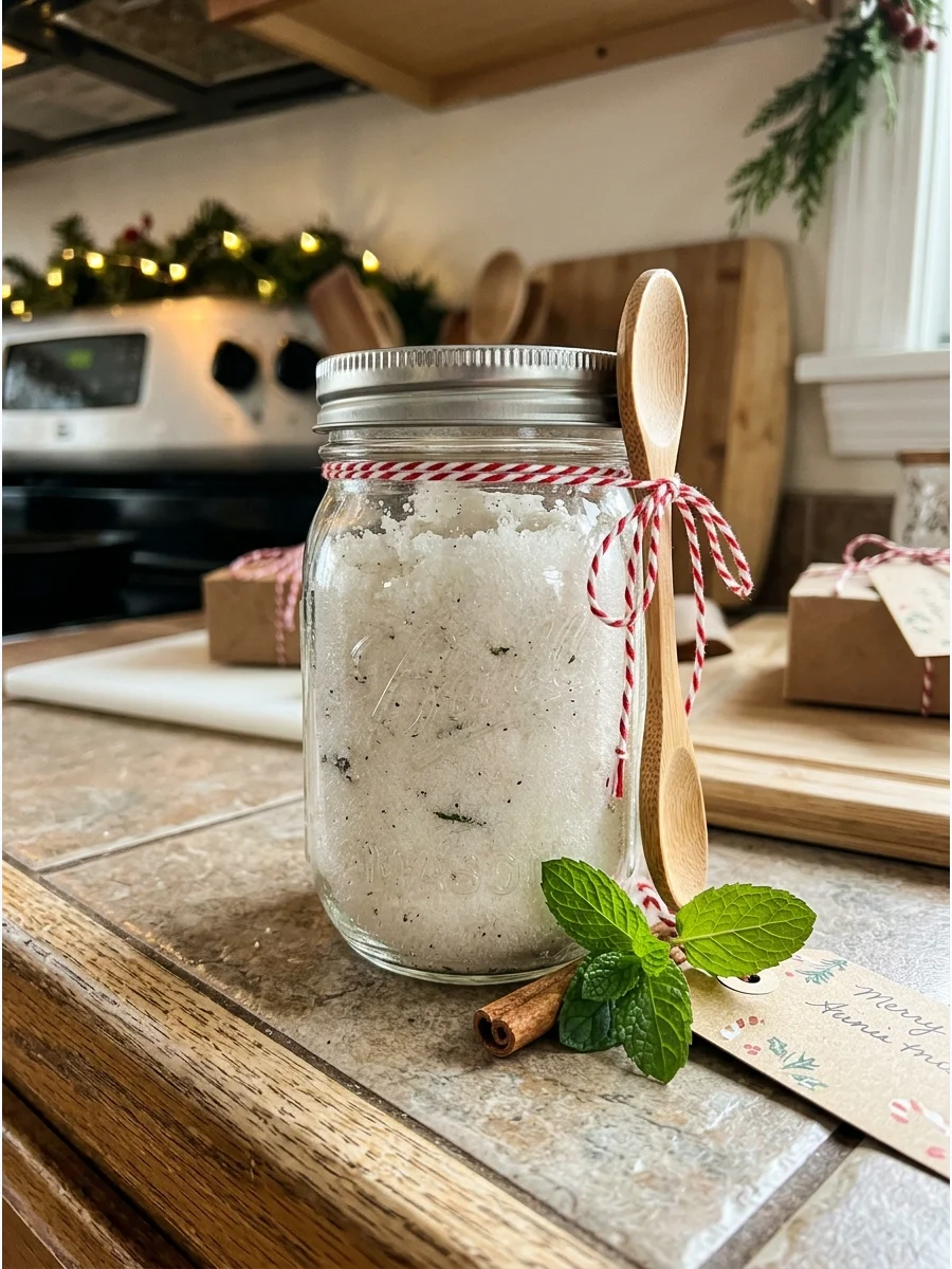A glass jar of white peppermint sugar scrub with a wooden spoon.