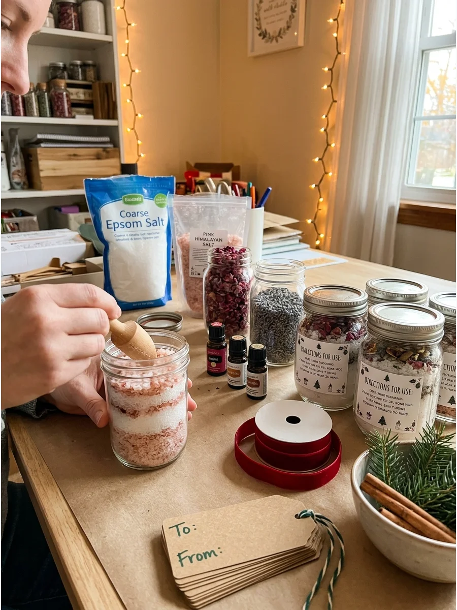 A tall glass bottle containing layered bath salts and dried rose petals.