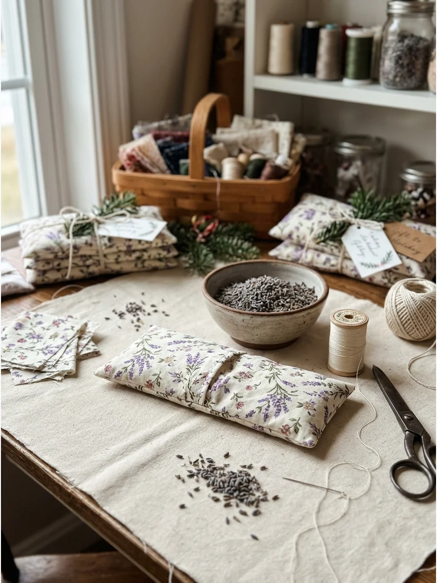 A floral fabric eye pillow filled with lavender and flax seeds.