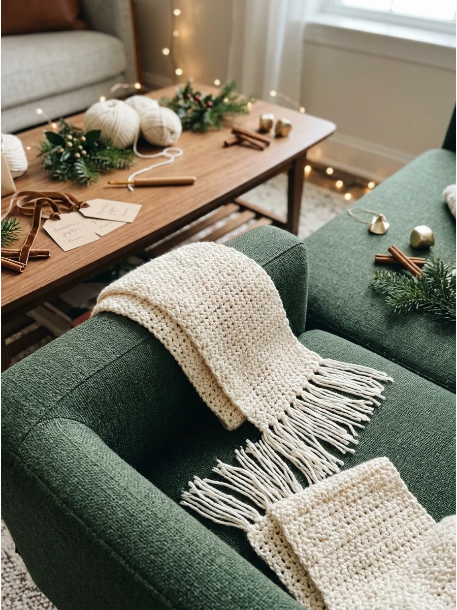 A thick cream-colored crochet scarf with long fringe.