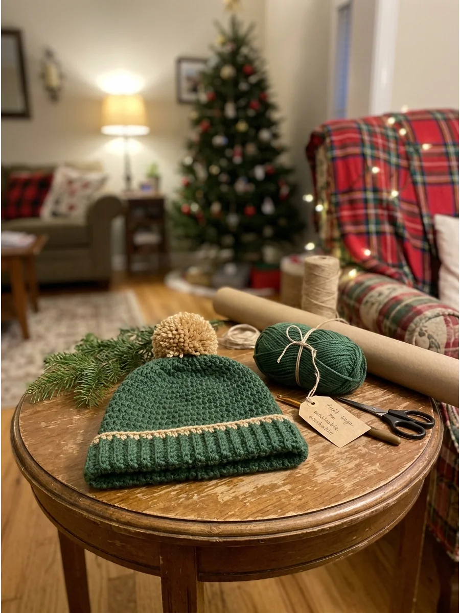 A green ribbed crochet beanie with a faux fur pom-pom.