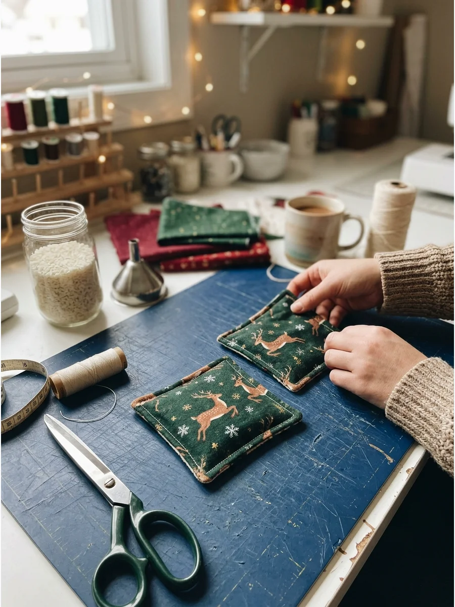 A pair of small fabric hand warmers with a holiday print.