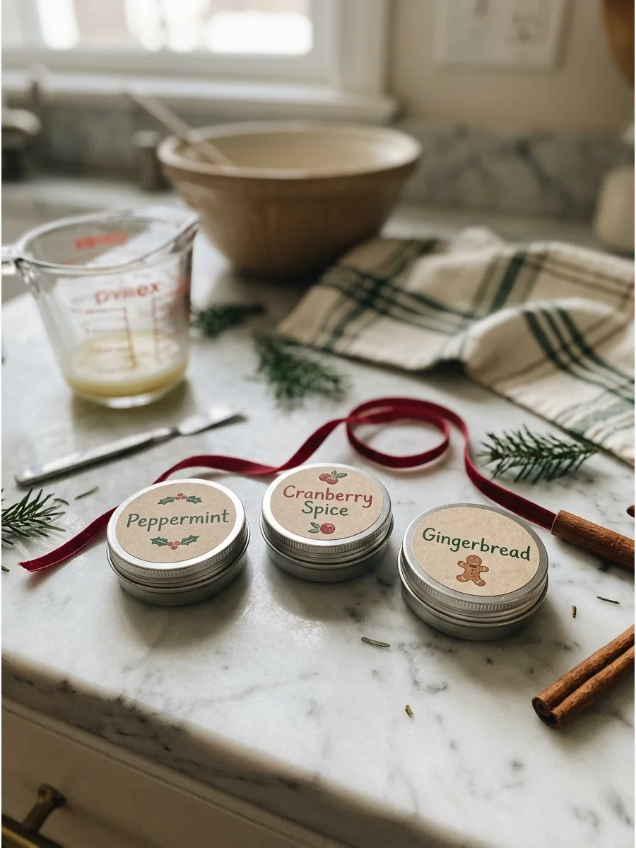 Three small metal tins of handmade lip balm with custom labels.
