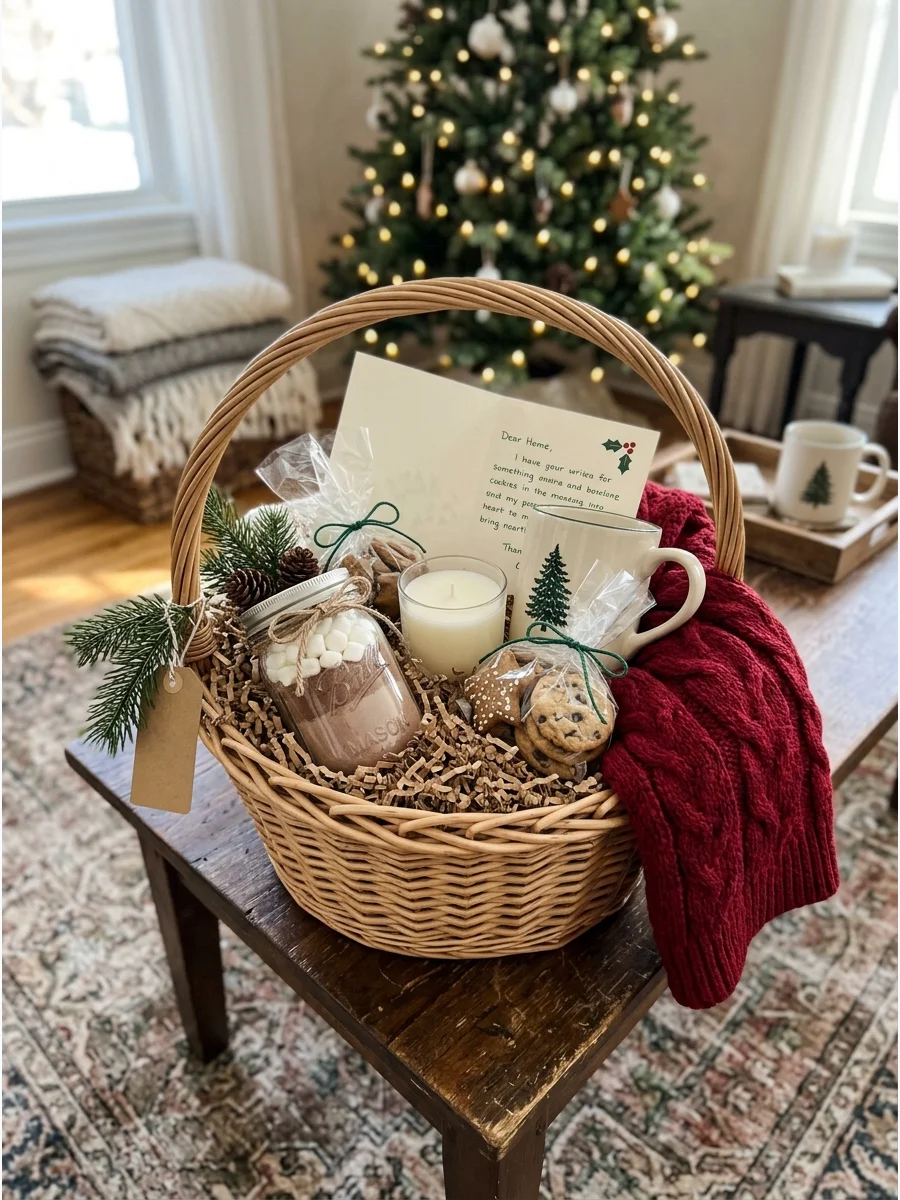 A wicker gift basket containing a handmade mug and a crochet scarf.