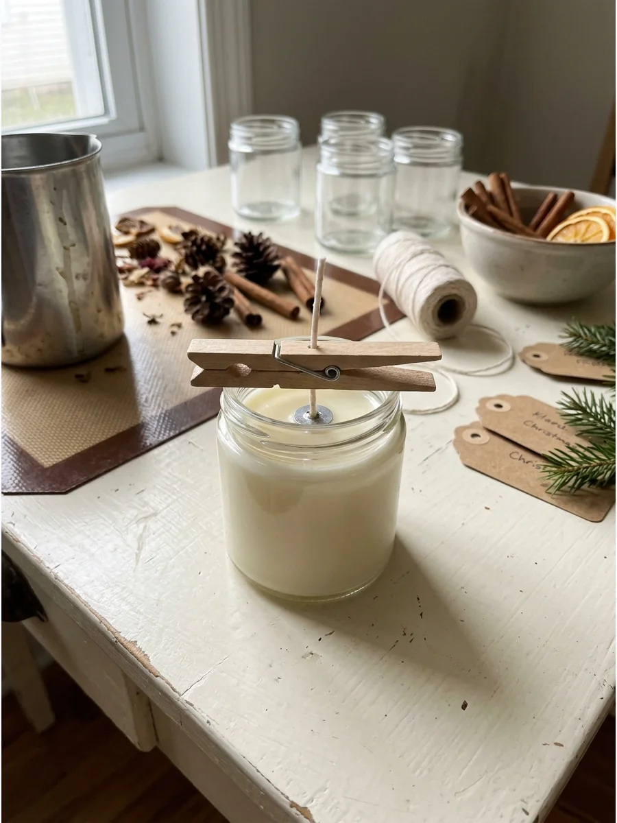 A handmade scented candle in a glass jar.