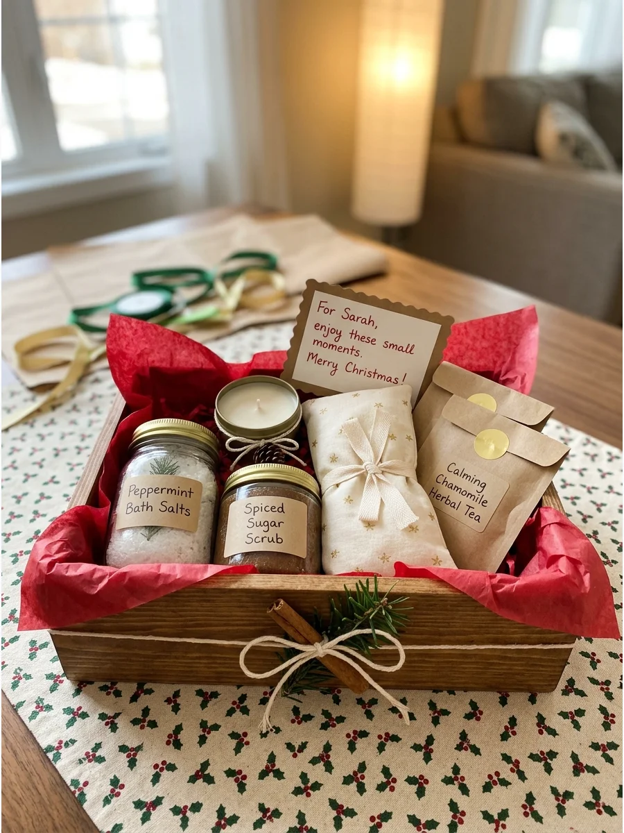 A wooden self-care box containing handmade bath products.