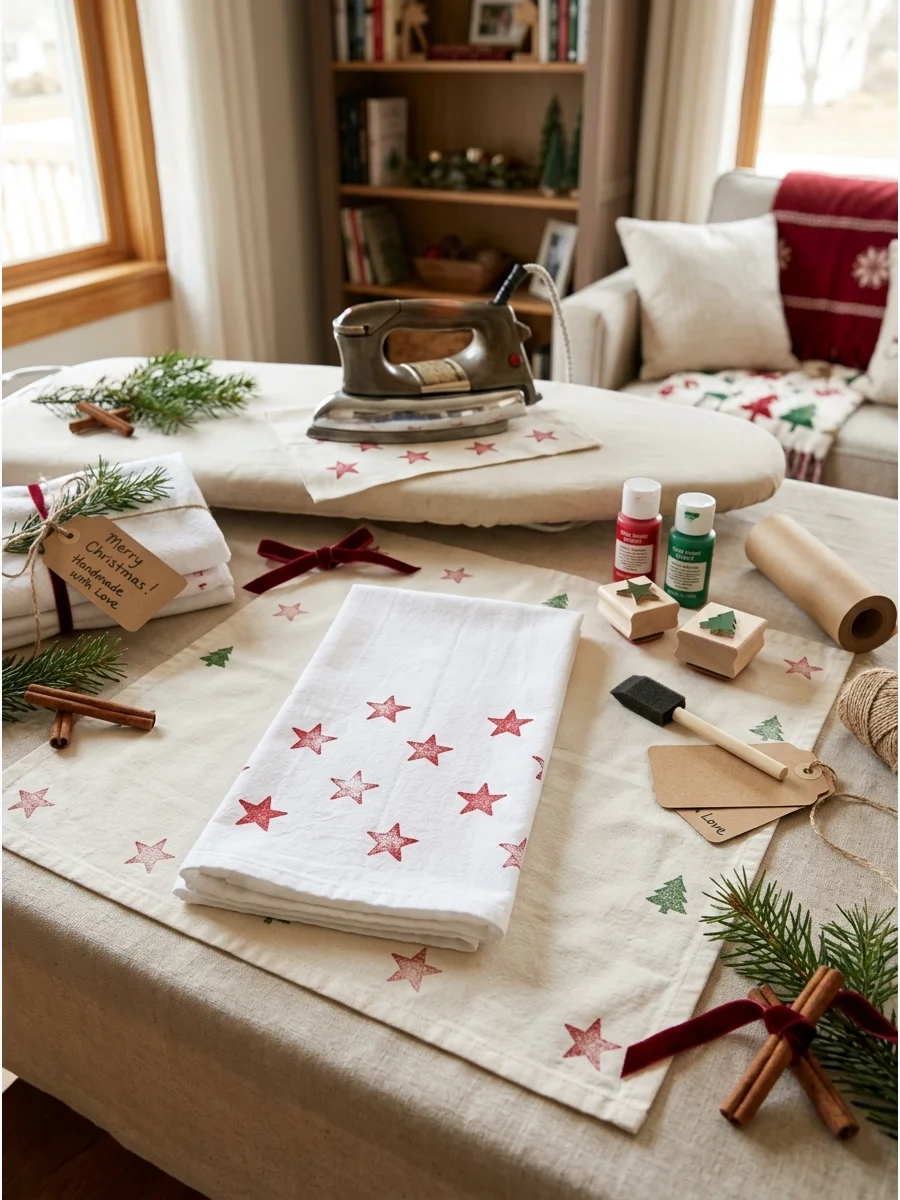 A cotton tea towel with red star patterns.
