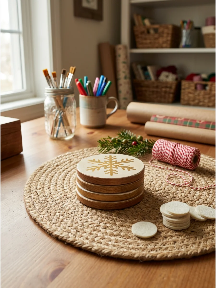 A set of four handmade wooden coasters.