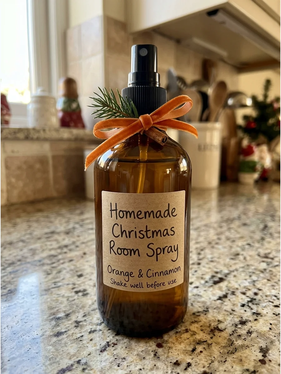 A glass room spray bottle with a kraft label.