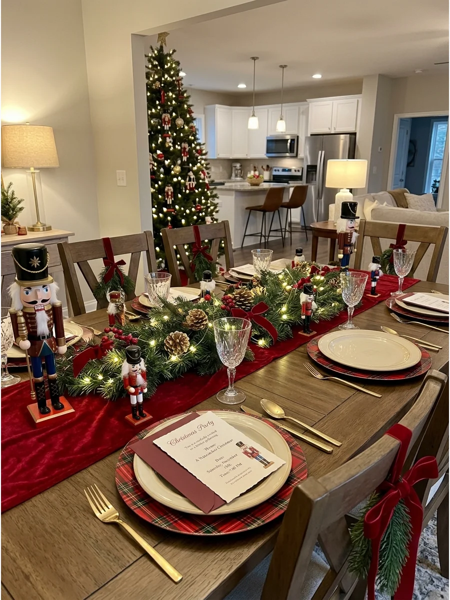A festive Nutcracker themed dining table with red velvet and wooden soldier centerpieces.