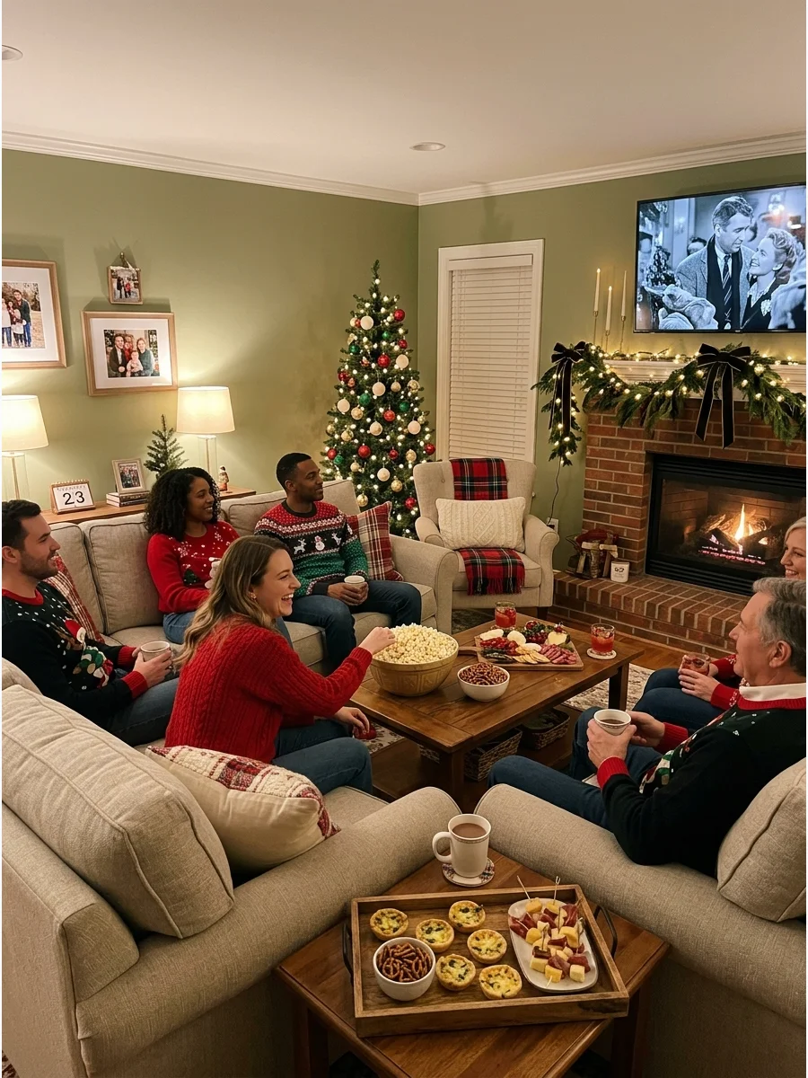 A cozy den setup with popcorn and a casual holiday atmosphere.