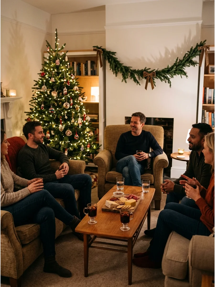 A cozy living room with warm lighting and a lit Christmas tree.