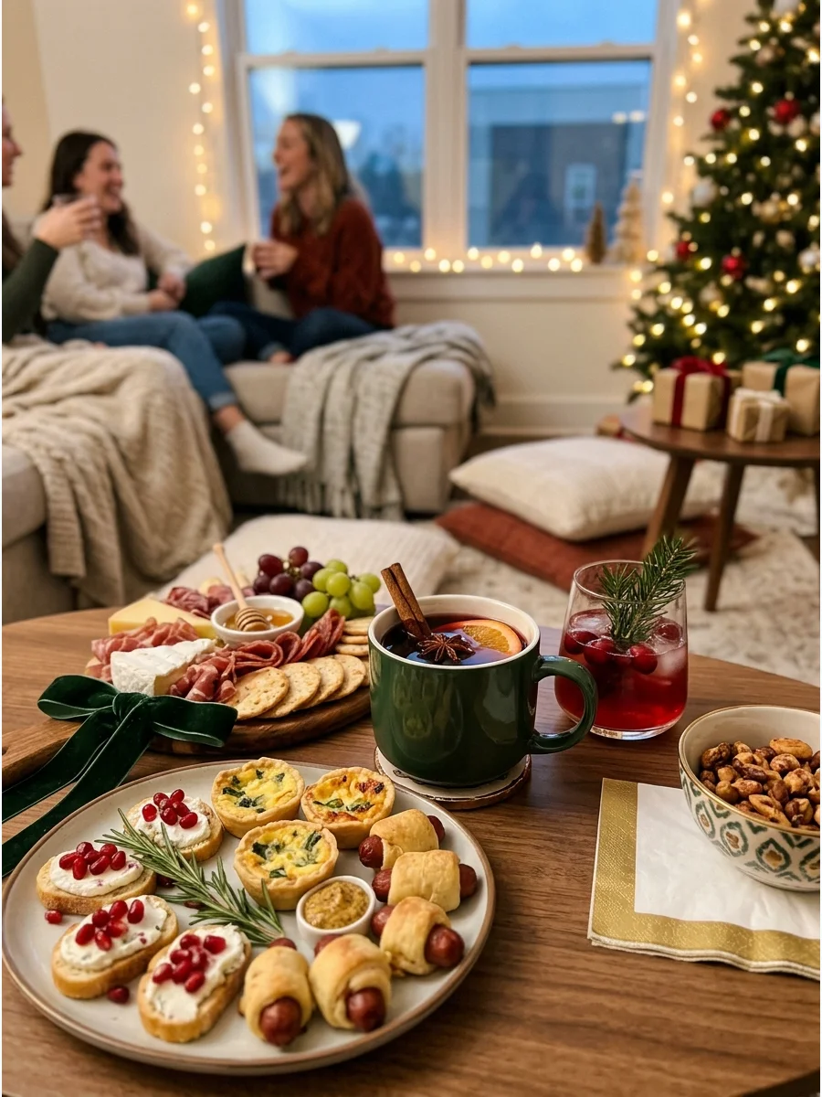 Friends gathering in a small apartment for a casual Christmas celebration.