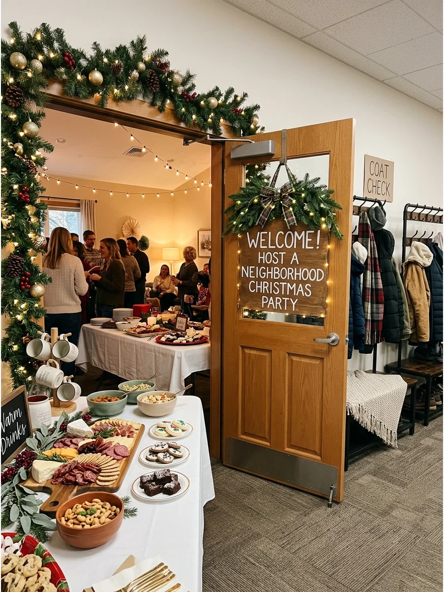 A neighborhood Christmas open house set up in a community clubhouse.
