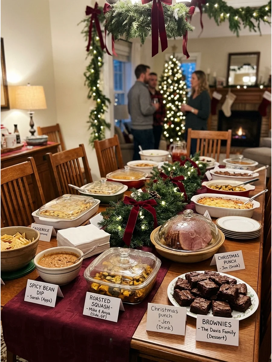 A dining table arranged with various potluck dishes for a Christmas party.