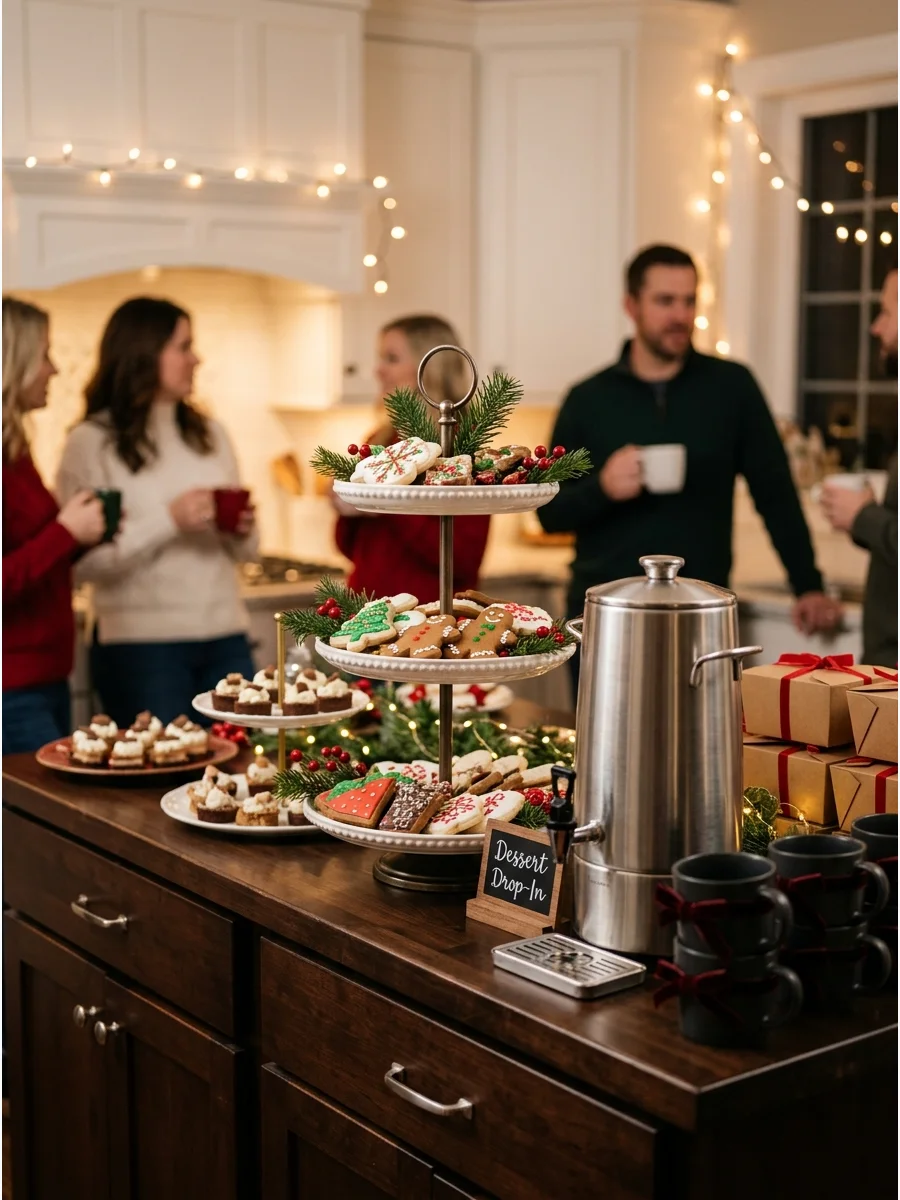 A dessert-focused Christmas party setup on a kitchen island.
