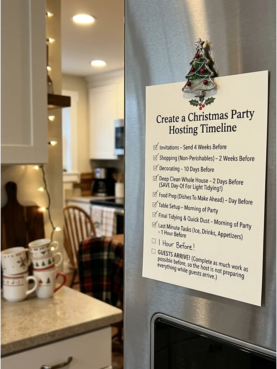 A detailed Christmas party planning timeline attached to a kitchen fridge.