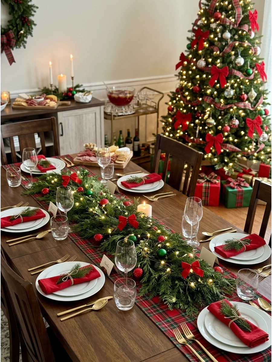A traditional red and green Christmas tablescape in a dining room.