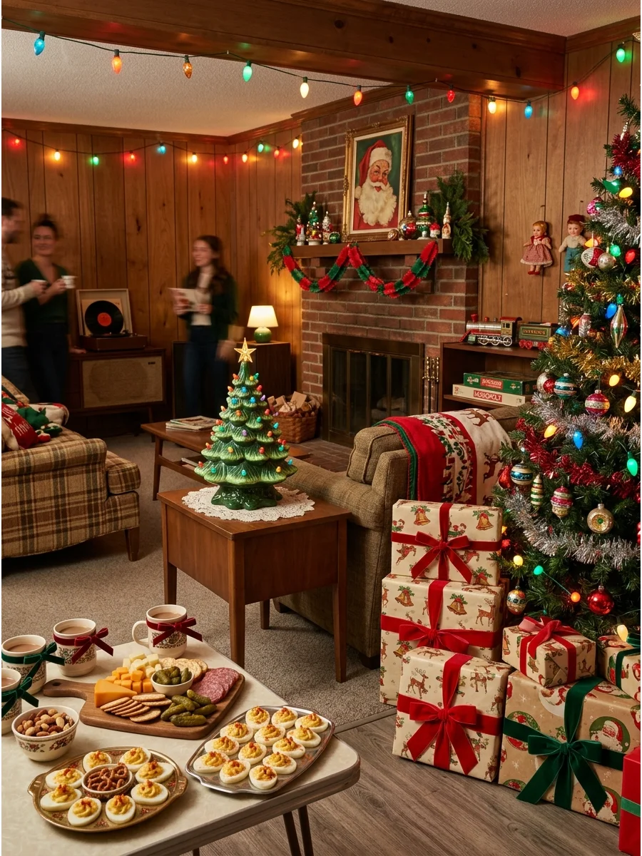 A nostalgic vintage-themed Christmas party in a cozy basement.