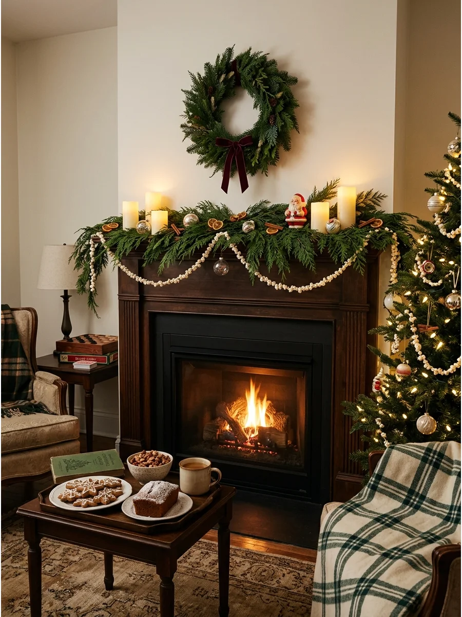 An old-fashioned Christmas mantel with natural greenery and popcorn strings.