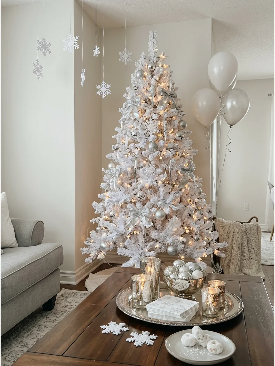 A bright white and silver winter wonderland Christmas party theme.