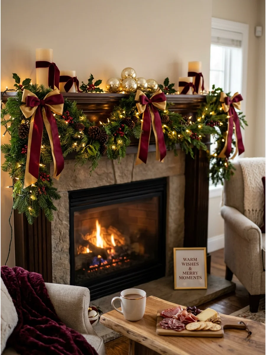 A fireplace mantle with evergreen garland and burgundy and gold ribbons.