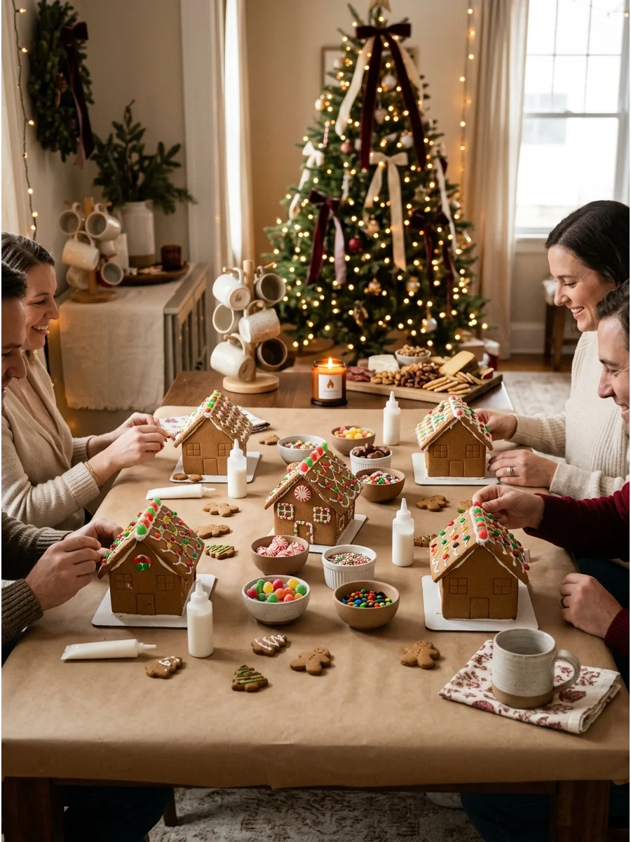 A gingerbread house decorating station set up on a dining table.