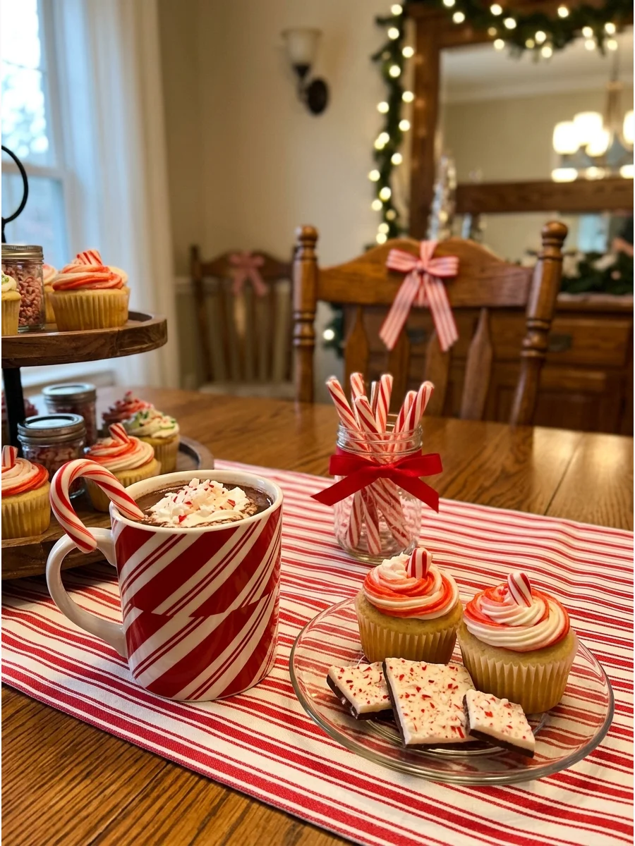 A dining table with red and white striped decor and candy canes.