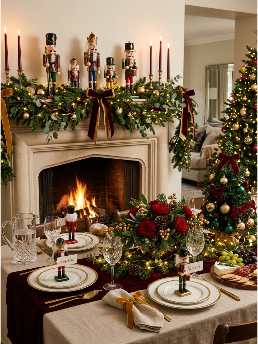 Wooden nutcrackers on a mantel with green garland and velvet ribbons.