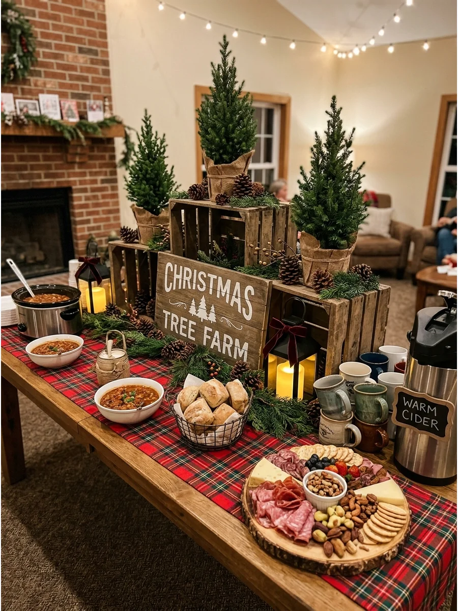 A buffet table with red plaid decor and small pine trees.
