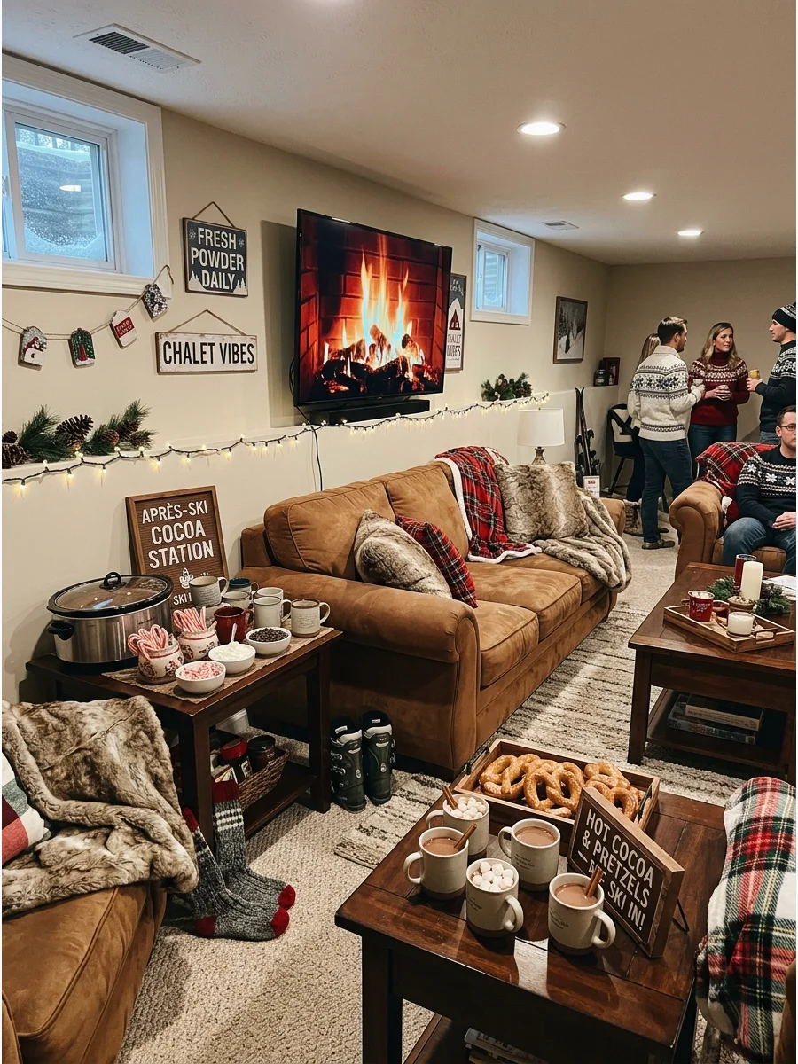 A cozy lounge with faux fur blankets and a hot cocoa bar.