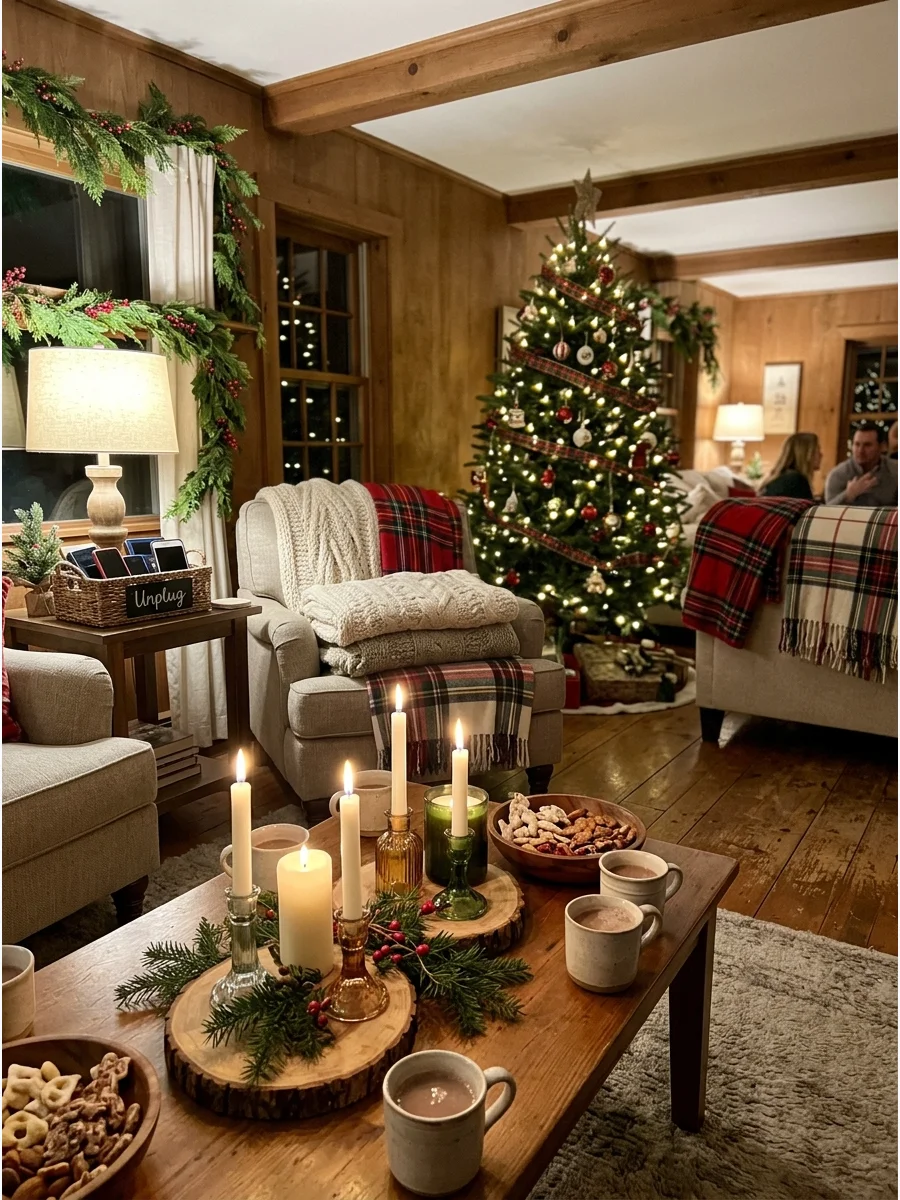 A living room with knit blankets and glowing candles.