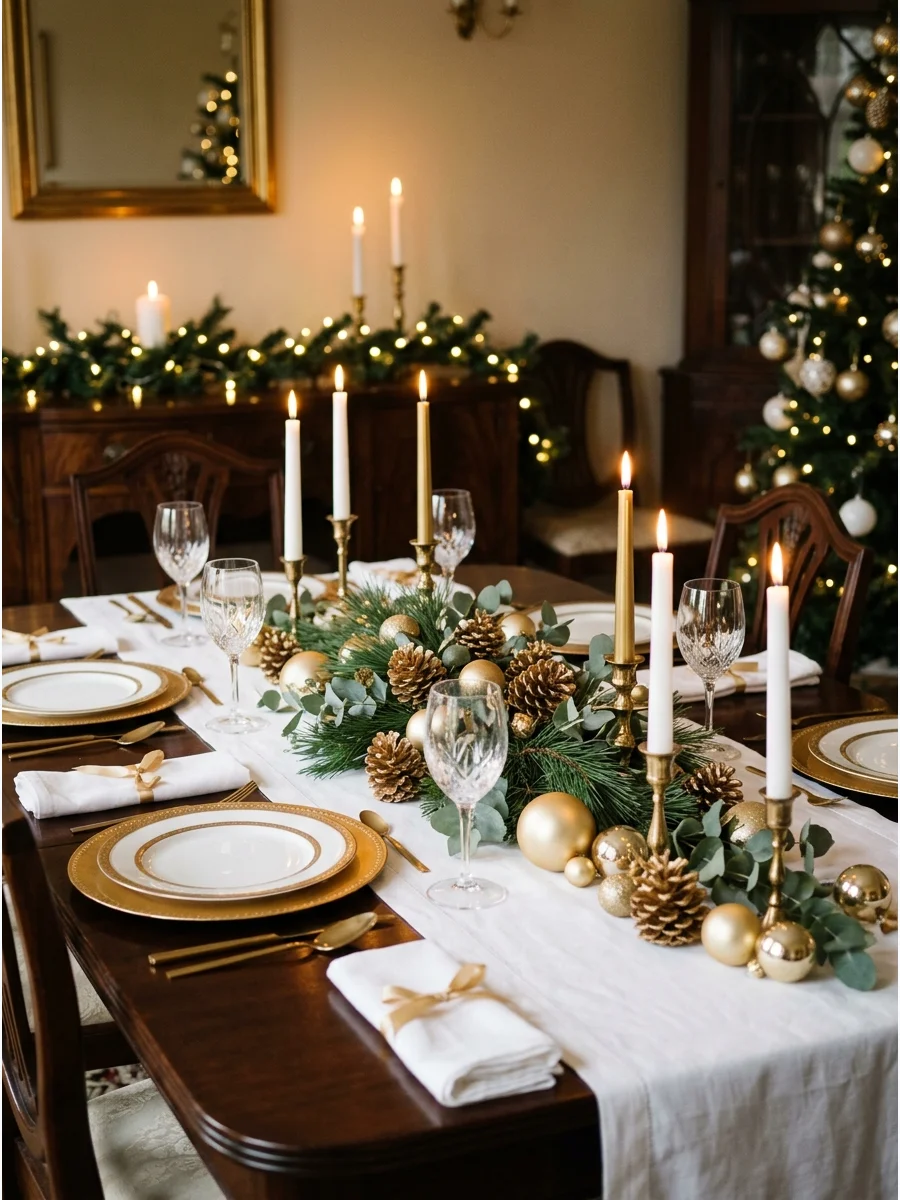 A formal dining table with gold and white holiday settings.