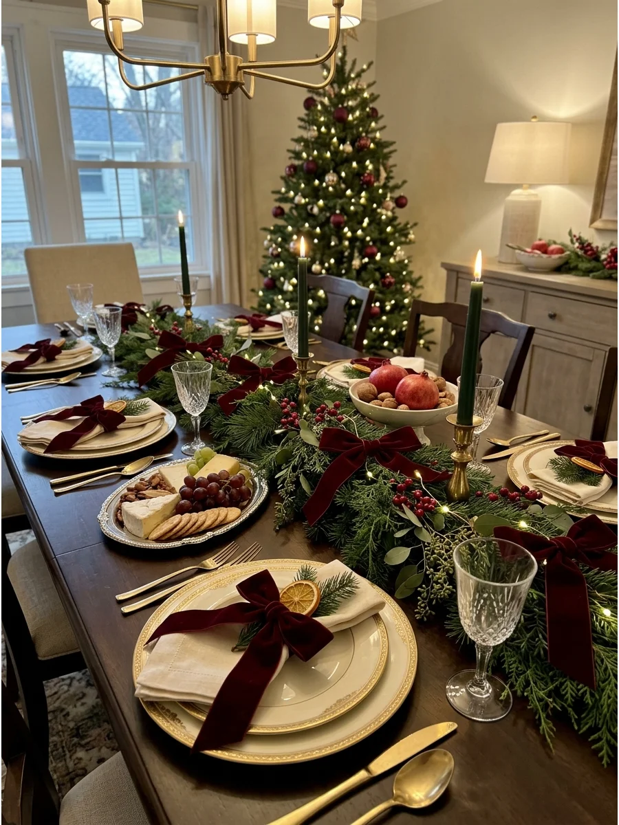 A wooden table with evergreen garland and burgundy velvet bows.