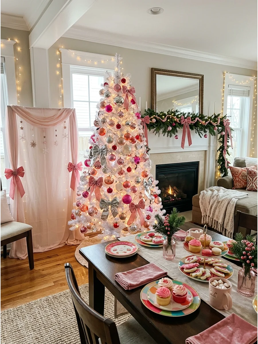 A white Christmas tree decorated with pink ornaments.