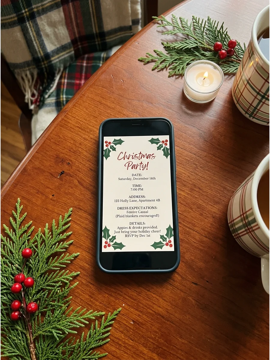 A smartphone on a table displaying a Christmas party invitation with holly designs.