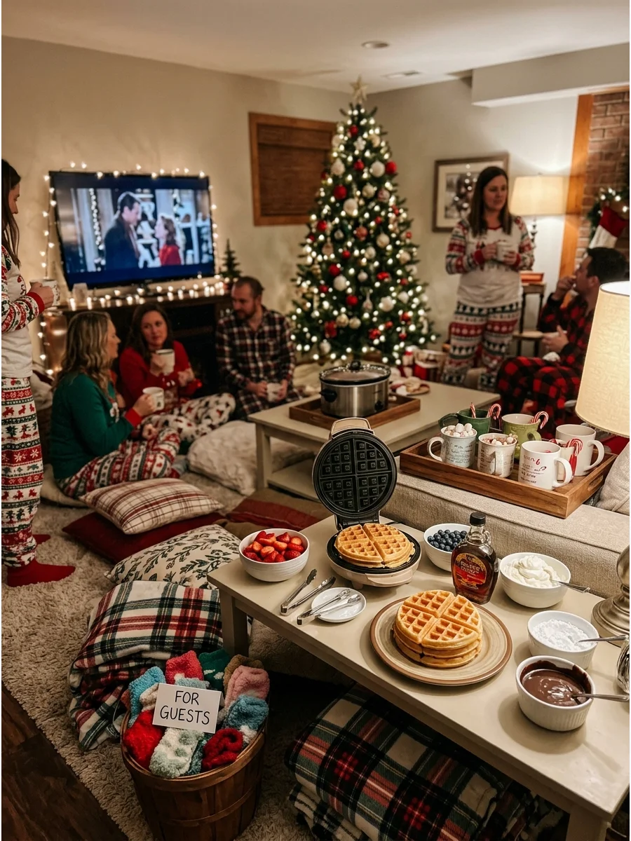 A cozy den with floor pillows and a waffle bar for a pajama party.