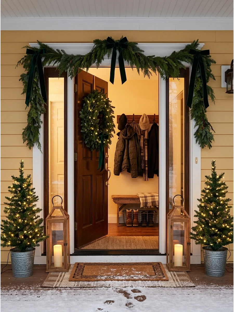 A festive front porch with a wreath and lanterns.