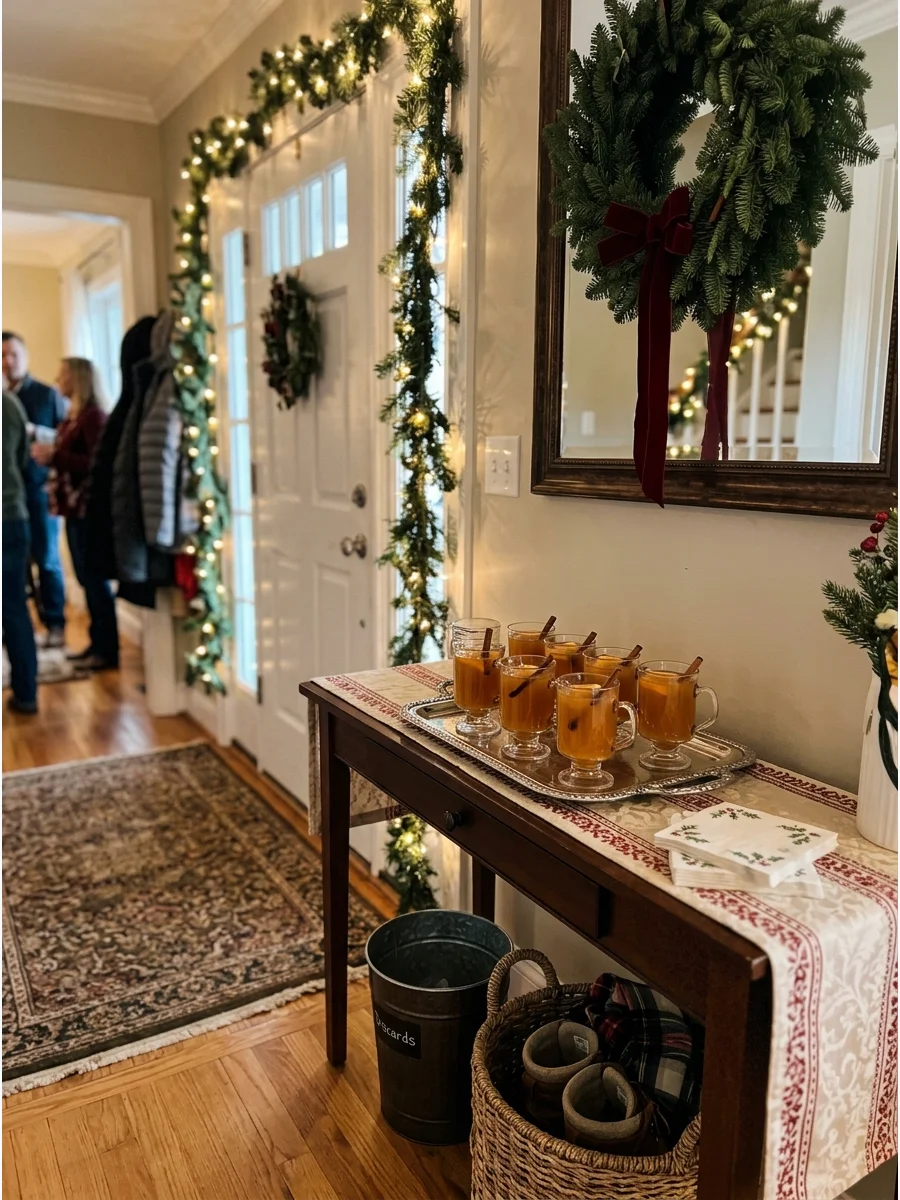 A welcome drink station with holiday cider.