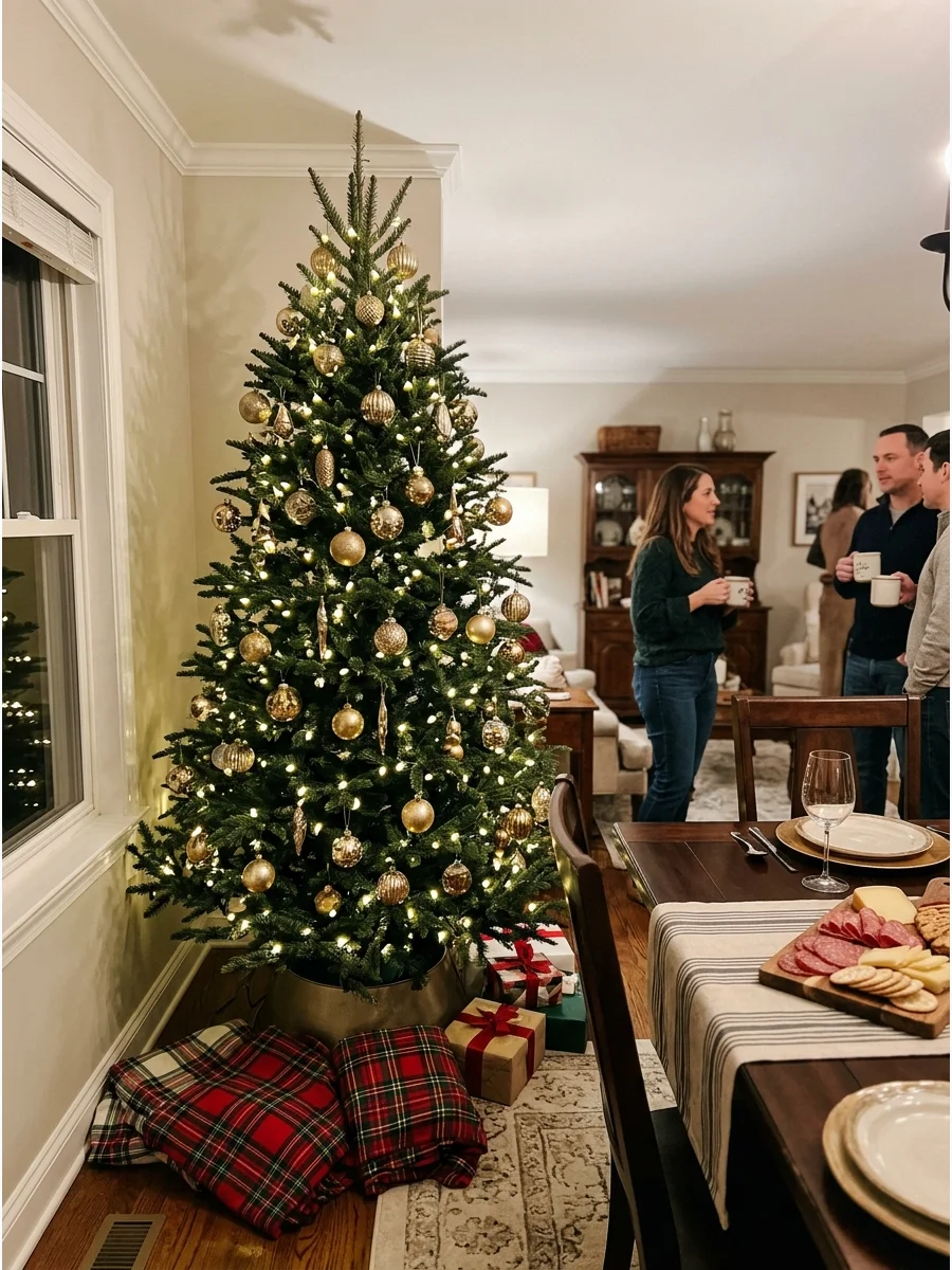 A large Christmas tree with gold and cream decorations.