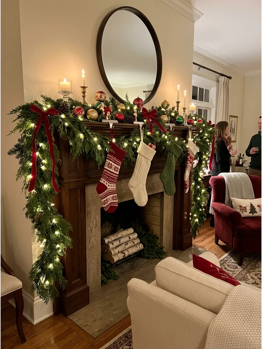 A decorated fireplace mantel with garland and lights.