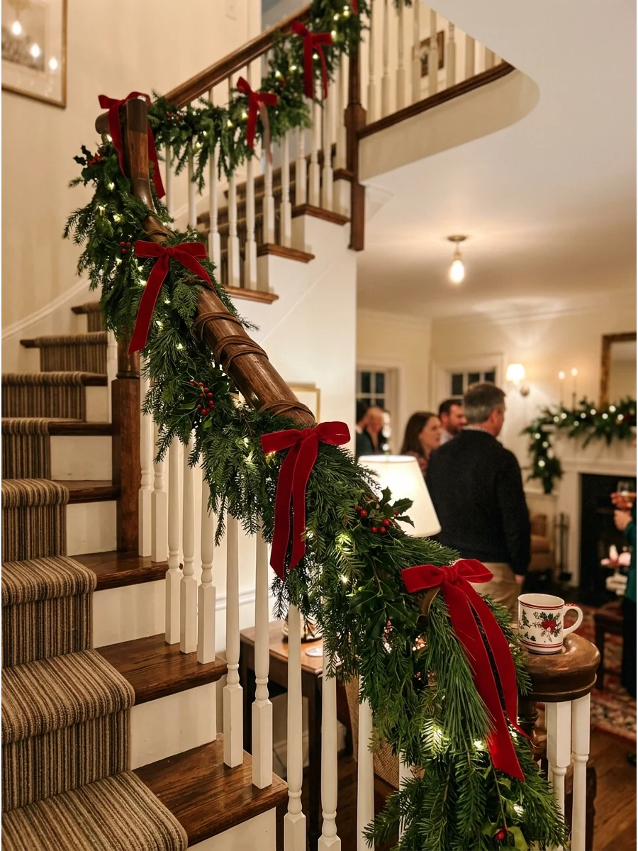 Evergreen garland wrapped around a wooden staircase railing.