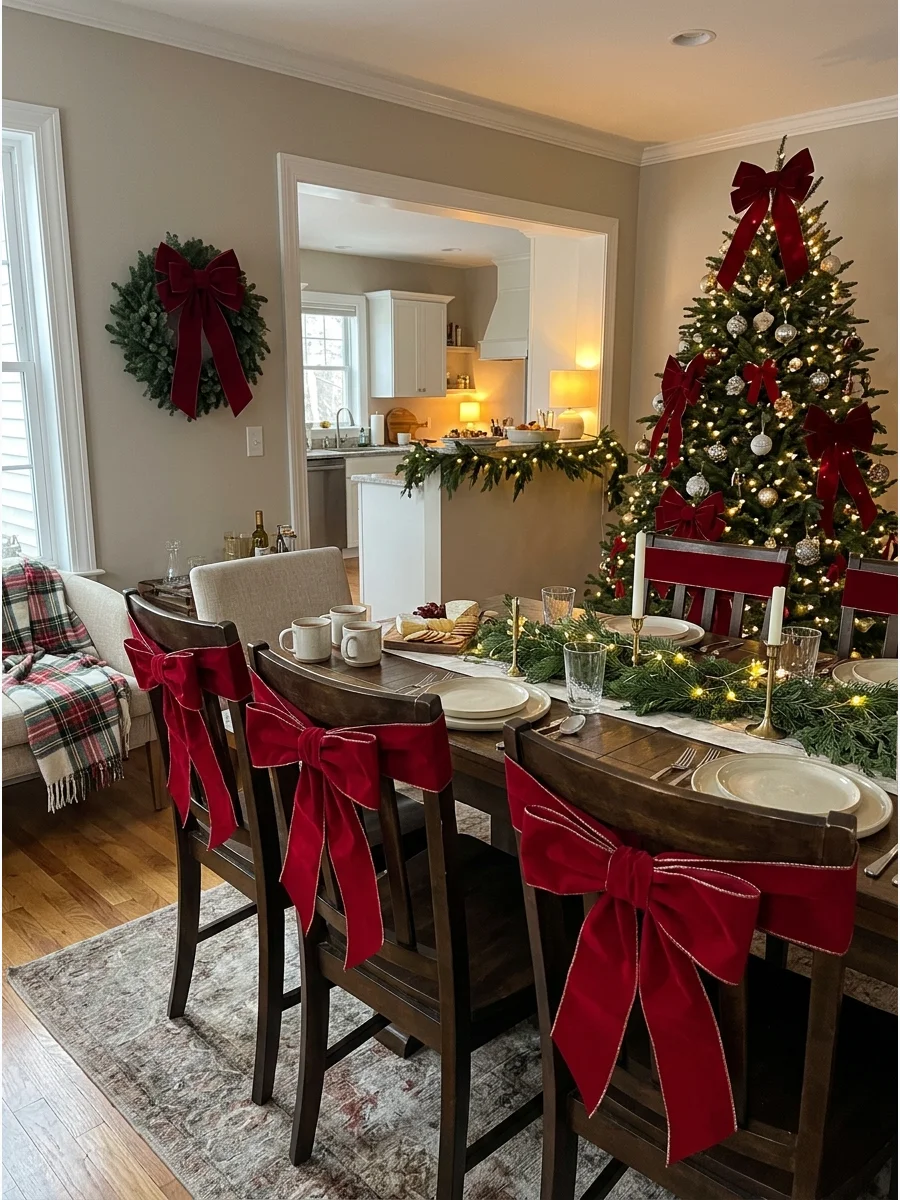 Dining chairs decorated with large red velvet bows.