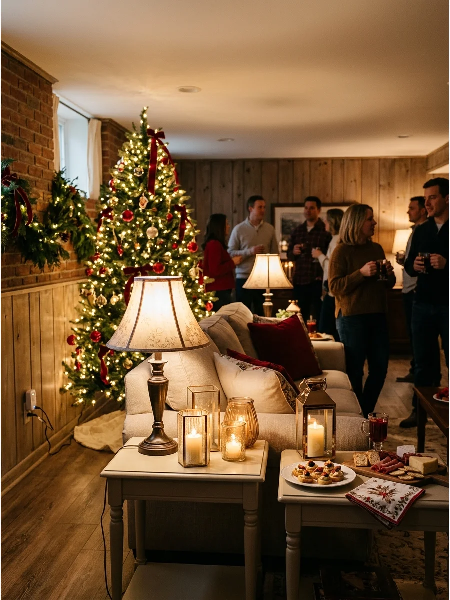 A dimly lit room with warm Christmas lights and lamps.