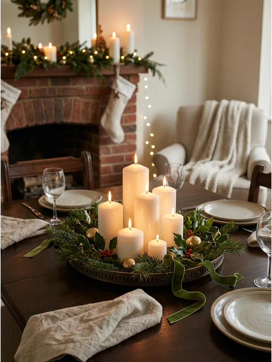 A grouping of white candles on a silver tray.