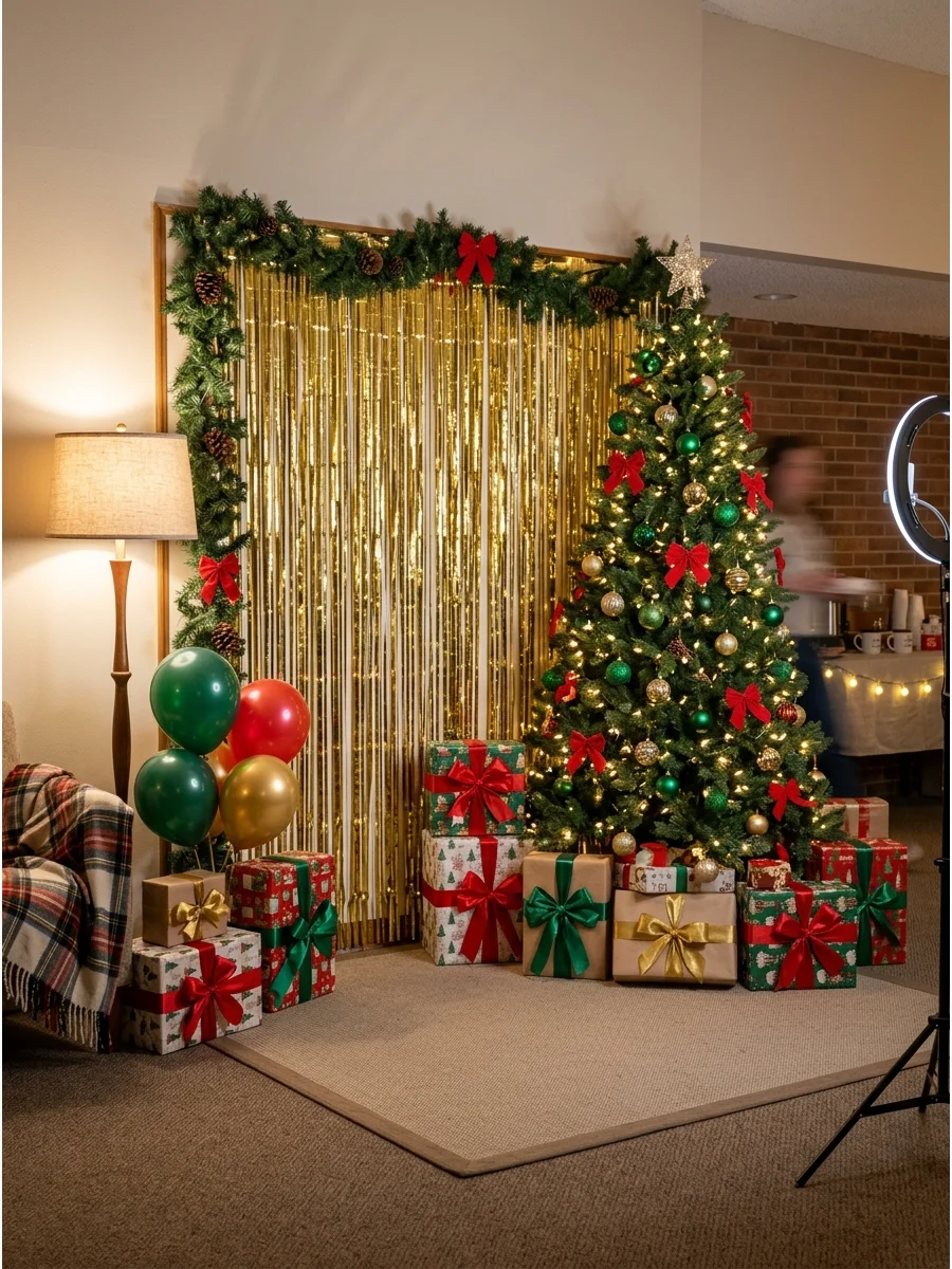 A gold tinsel photo backdrop for a Christmas party.