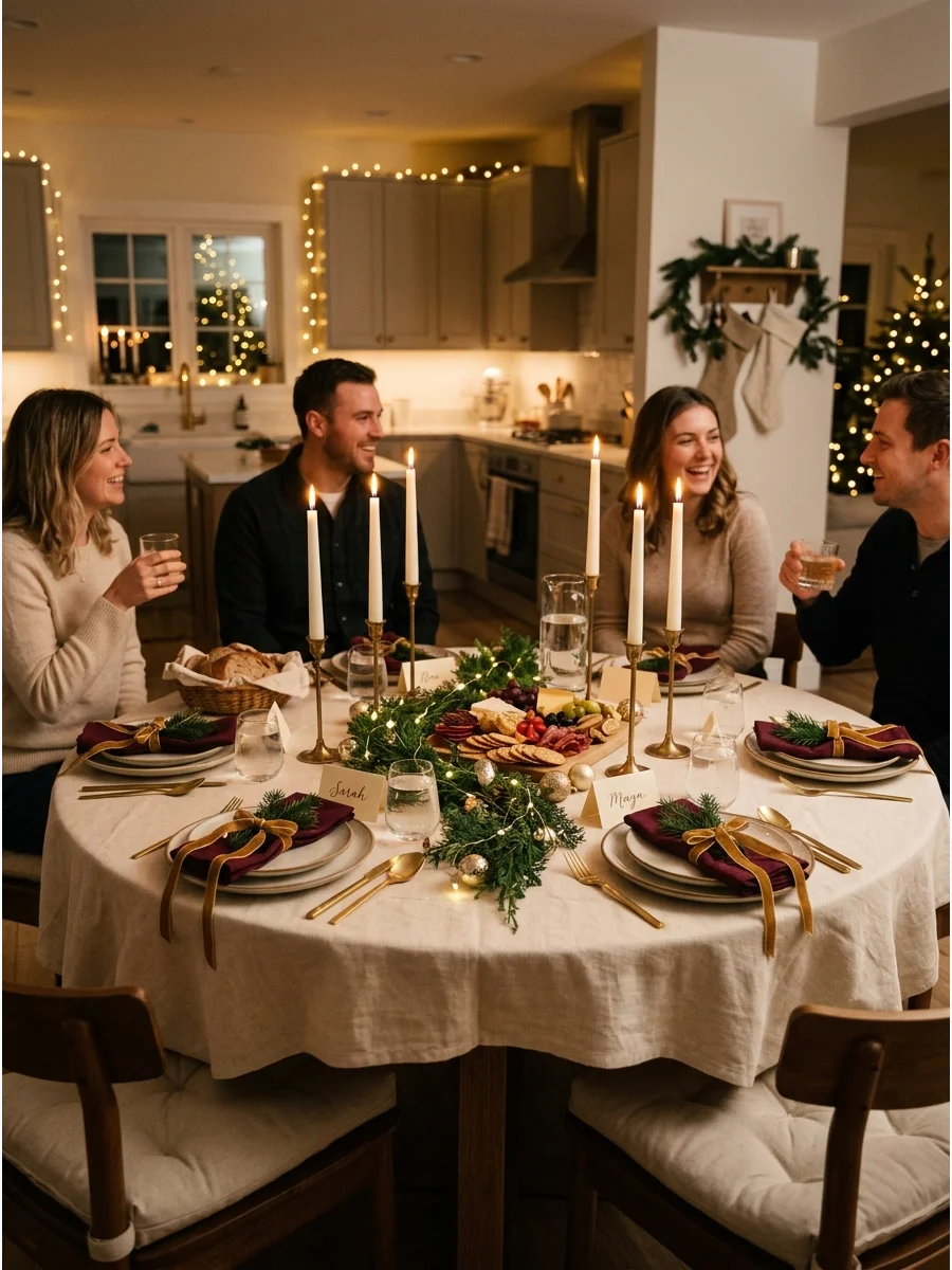 An intimate dining setup for six with white linens and warm candlelight.
