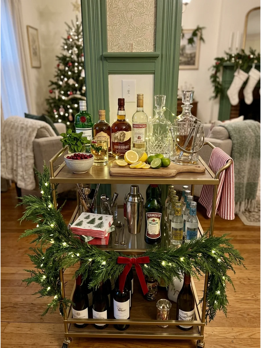 A styled Christmas bar cart with holiday drinks.